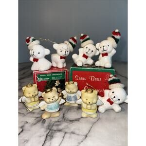 9 Boxed Vintage Porcelain 5 Snow Bear Set 4 Angel Bear Set Ornaments Ceramic 3"